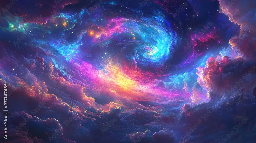 A fantastical psychedelic space environment featuring swirling, multicolored nebulae and glowing celestial formations. A fantastical psychedelic space environment featuring swirling, multicolored nebulae and glowing celestial formations.