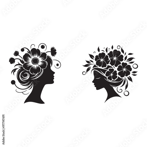 Silhouette of a beautiful woman's head in profile with flowers in her hair, a vector illustration of nature's beauty and floral fashion art