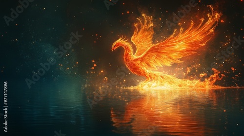 A fiery phoenix rising from the surface of a tranquil lake.