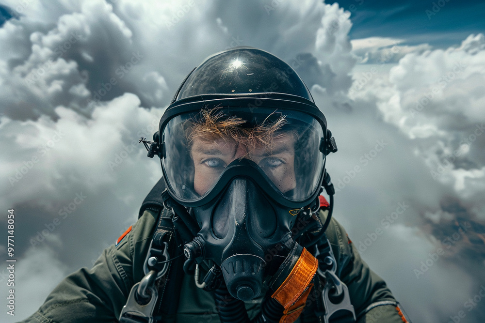 Parachutist with parachute makes heavenly adventure against backdrop of landscape Parachutist with parachute makes heavenly adventure against backdrop of landscape