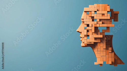 Fragmented human figure illustration showcasing stylized profile made of geometric blocks. This abstract representation evokes thoughts on identity and perception
