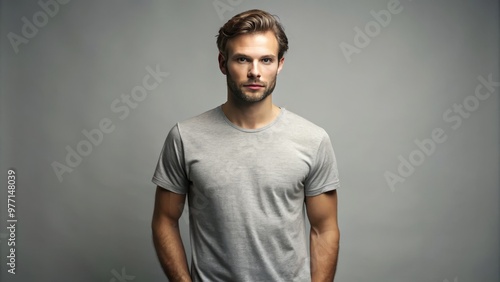 The gray T-shirt model stands still against a blank backdrop, revealing minimal facial features and projecting a sense