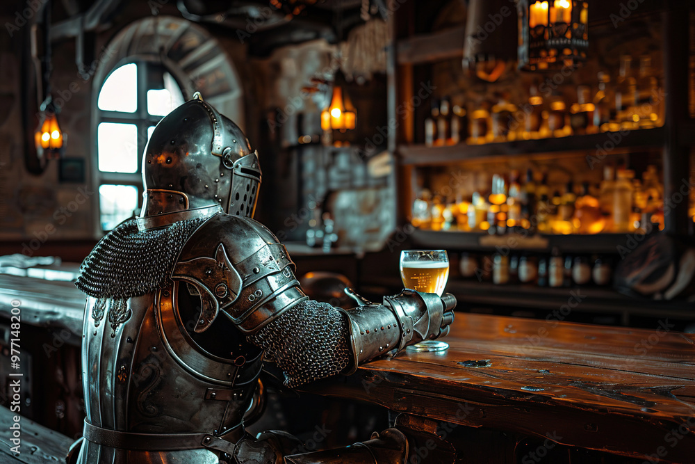 A fantastic royal knight in armor drinks beer at a local bar A fantastic royal knight in armor drinks beer at a local bar