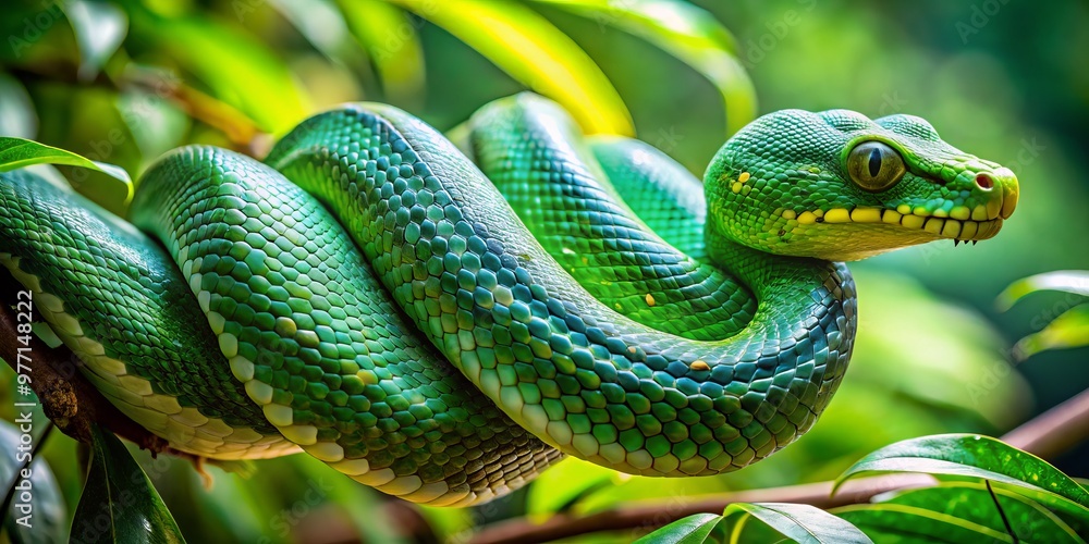 The green snake wraps itself around a tree trunk, its diamond-shaped scales shimmering in the dappled light filtering The green snake wraps itself around a tree trunk, its diamond-shaped scales shimmering in the dappled light filtering