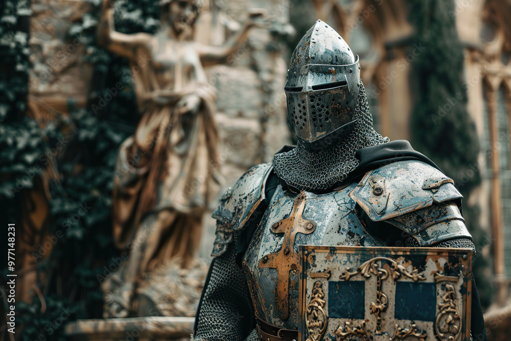 A fantastic royal knight in armor guards the castle chambers A fantastic royal knight in armor guards the castle chambers