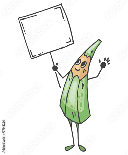 Cute green pencil character holding a poster. Situation about education, study or learning. Vector Funny mascot stationery.