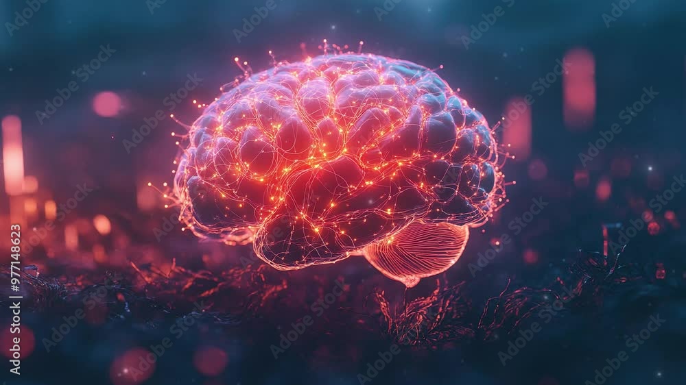 Human brain with neural connections. Human brain hologram. Brain anatomy. Human brain animation. Medical science background. Artificial Intelligence. Futuristic and high-tech background. Human brain with neural connections. Human brain hologram. Brain anatomy. Human brain animation. Medical science background. Artificial Intelligence. Futuristic and high-tech background.