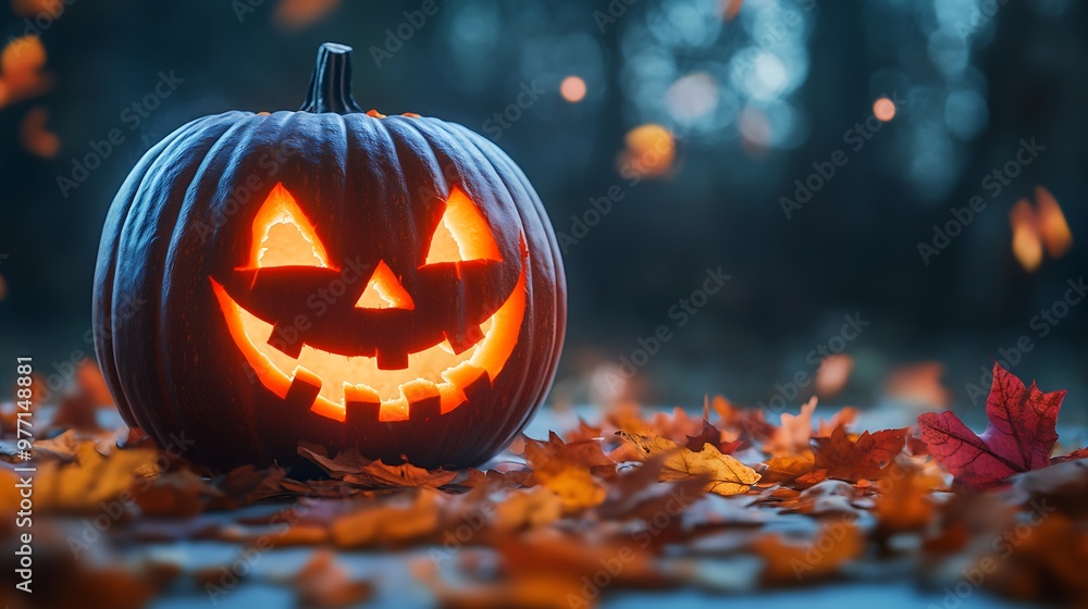 Glowing Jack-o-Lantern Surrounded by Autumn Leaves in a Mystical Halloween Night Scene Glowing Jack-o-Lantern Surrounded by Autumn Leaves in a Mystical Halloween Night Scene
