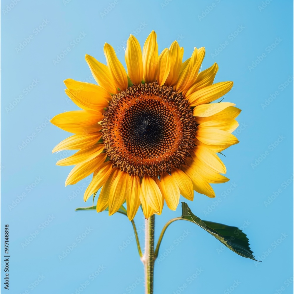 Vibrant Sunflower on Blue Background. Blooming Yellow Flower, Isolated on Sky Blue Backdrop