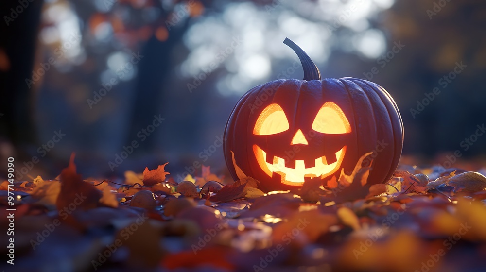 Glowing Jack-o-Lantern Surrounded by Autumn Leaves in a Mystical Halloween Night Scene Glowing Jack-o-Lantern Surrounded by Autumn Leaves in a Mystical Halloween Night Scene