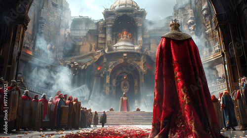 An alien monarch presiding over a grand ceremony, with ornate robes and regal surroundings befitting their extraterrestrial status.