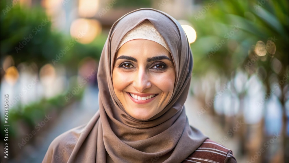 The radiant woman in traditional attire, her hijab adorned with intricate patterns, gazes warmly at the camera, her The radiant woman in traditional attire, her hijab adorned with intricate patterns, gazes warmly at the camera, her