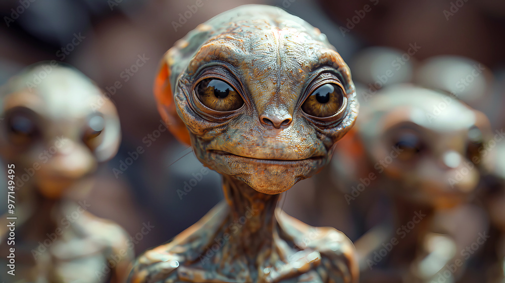 Fototapeta premium A close-up portrait of a wide-eyed alien with intricate skin textures, standing alongside other similar extraterrestrial beings in a blurred background.