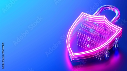 A vibrant neon shield lock symbolizing digital security and protection, perfect for technology and cybersecurity themes. photo