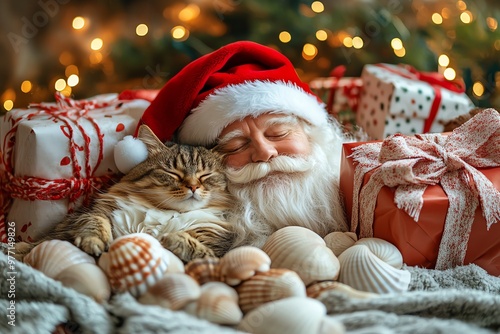 A cozy scene of a sleeping Santa and a cat, surrounded by festive gifts and holiday decorations. photo