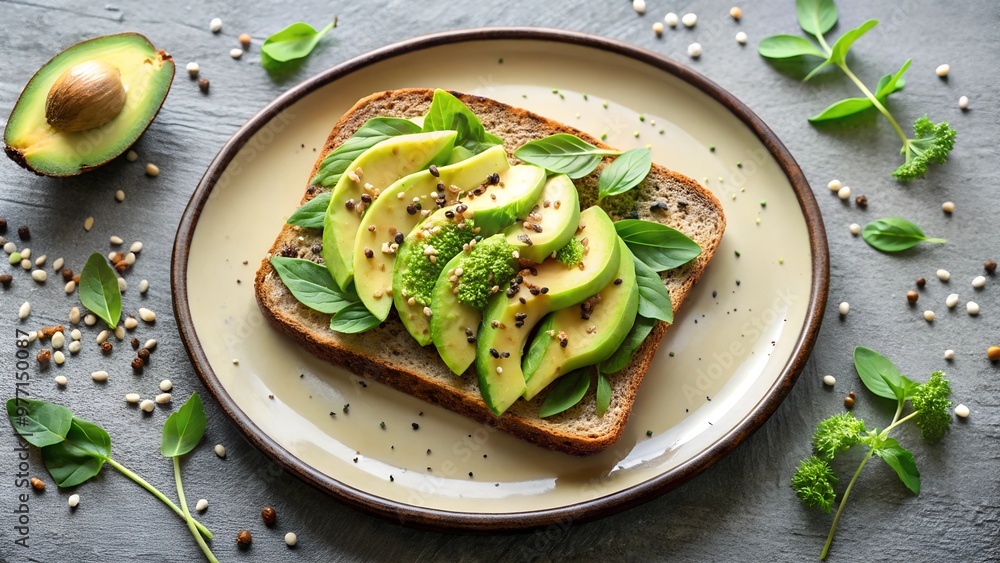 Healthy avocado toast topped with fresh spinach and spices on a rustic plate, perfect for a nutritious breakfast or brunch. Healthy avocado toast topped with fresh spinach and spices on a rustic plate, perfect for a nutritious breakfast or brunch.