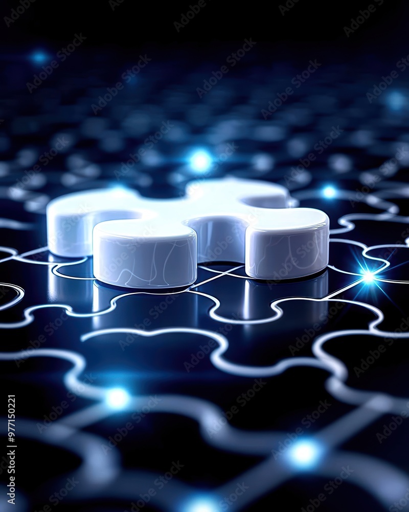 Obraz premium A close-up of a glowing puzzle piece representing connectivity and problem-solving on a digital background. 3D