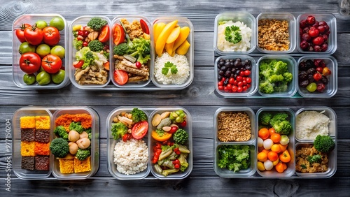 Colorful meal prep containers filled with healthy fruits, vegetables, and grains arranged on a wooden surface. photo