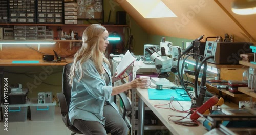 A female electronics and computer service worker jots down notes in a notebook while at work photo