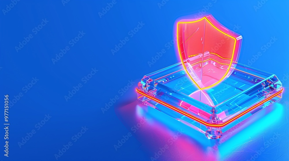 A vibrant neon shield symbolizing digital security and protection on a sleek base, ideal for technology or cybersecurity themes. A vibrant neon shield symbolizing digital security and protection on a sleek base, ideal for technology or cybersecurity themes.