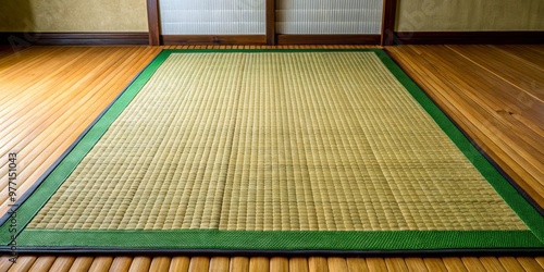 Traditional Japanese aesthetic meets modern comfort with a textured rush mat floor featuring visible fibers and a photo