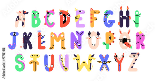 Monsters alphabet set. Cute English ABC with dinosaur figures. Funny letters of kids font. Script with animal shapes. Elementary education. Flat isolated vector illustrations on white background