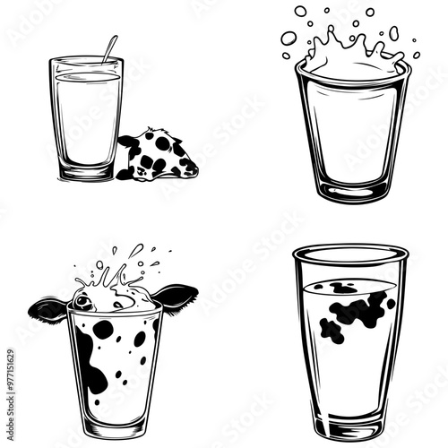 Dairy Farm Fresh Milk Illustration Glasses, Cows, and Splashes