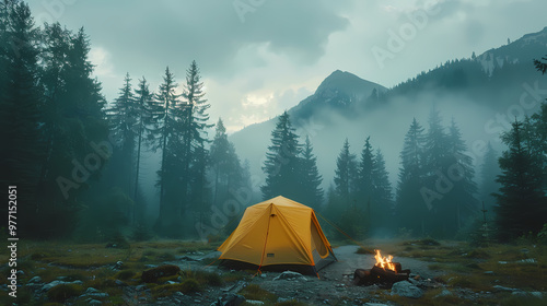 camping tent in the forest.Summer camp with bonfire, tent, backpack . landscape with mountain, forest and campsite.