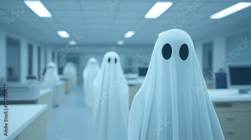Haunting Office Assistance, a surreal scene of employees in ghost costumes engaging with clients, merging spooky elements with a corporate atmosphere of support and service.