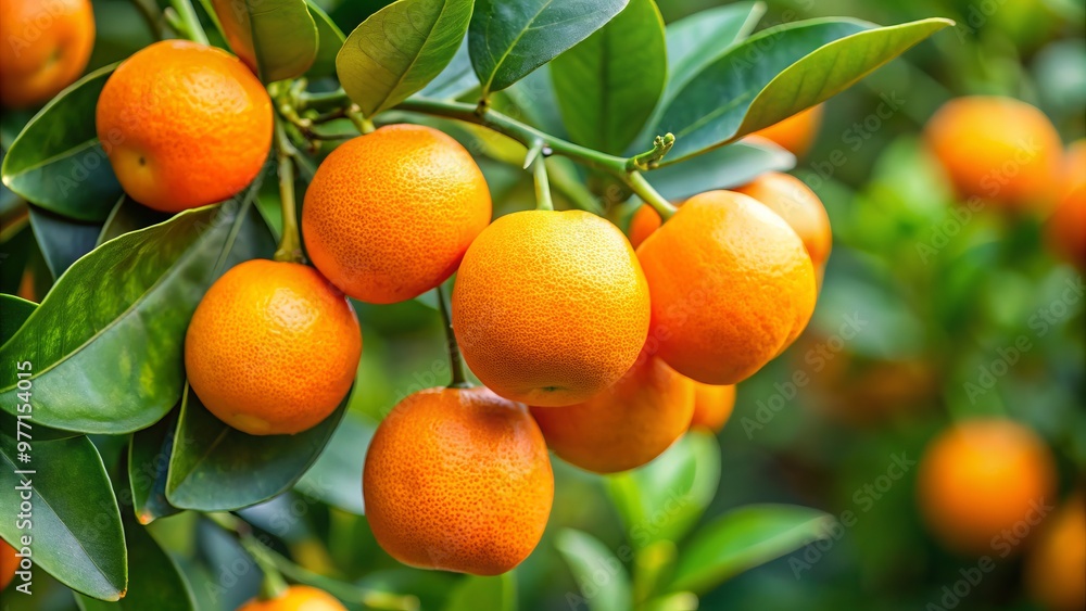 Vibrant orange calamondin fruit drips with juice, nestled among leafy tree branches, its delicate petals unfolding like Vibrant orange calamondin fruit drips with juice, nestled among leafy tree branches, its delicate petals unfolding like