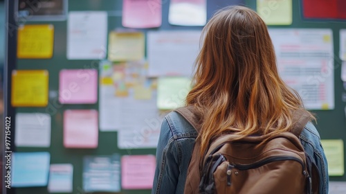 Capture a student glancing at a bulletin board filled with semester events and deadlines, feeling a mix of excitement and nervousness as they prepare for classes. photo