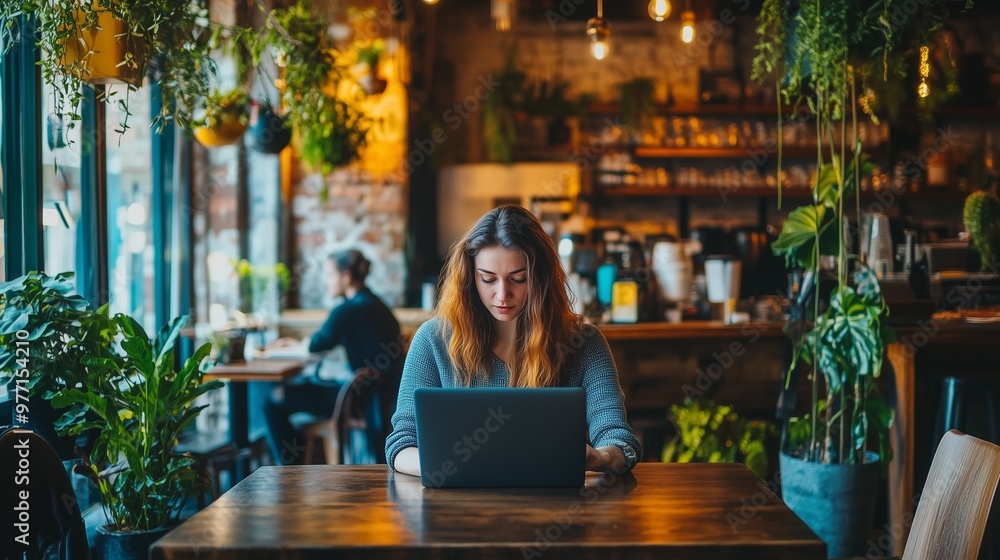 The girl works remotely in a cafe. Freelance, work from home, cozy coffee shop, girl at the laptop. The girl works remotely in a cafe. Freelance, work from home, cozy coffee shop, girl at the laptop.