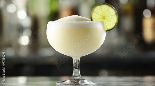 Capture the essence of a frozen daiquiri, with its refreshing blend of rum, lime, and sugar, served in a frosted glass with a lime wheel. photo