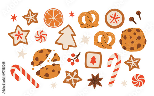 Set of gingerbread Christmas cookies with fondant icing in shape of forest trees, five-pointed stars and sweet cane, chocolate chip cookie. Cute vector holiday illustration with homemade baked goods.