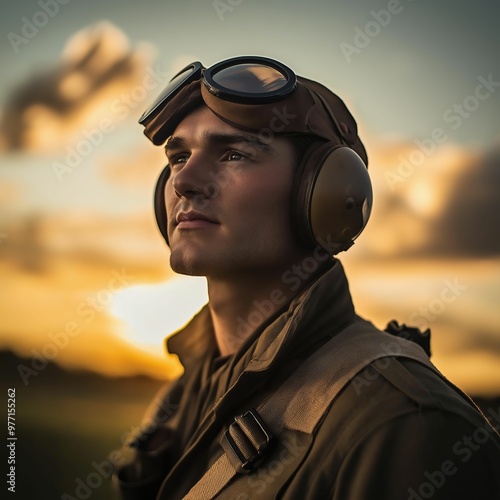 A young WWII pilot in uniform, wearing goggles and a leather helmet, stands against a sunset sky with soft lighting and shallow depth of field.