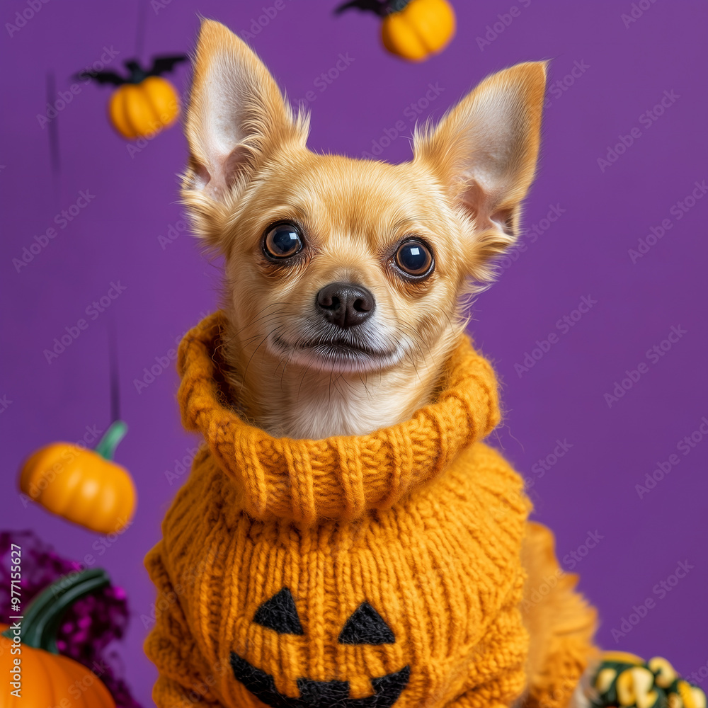 Warm and Cozy Small Dog in a Knitted Pumpkin Sweater Against a Purple Background with Cheerful Halloween Decorations Warm and Cozy Small Dog in a Knitted Pumpkin Sweater Against a Purple Background with Cheerful Halloween Decorations