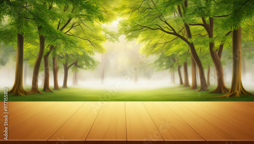 Empty wooden table top with summer green forest blurred background.