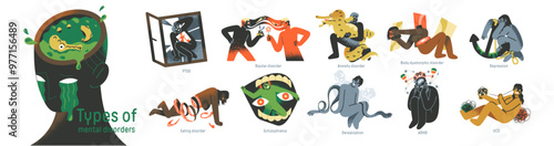Types of mental disorders set. Concept of psychological health and problems. Unhappy people with ADHD, anxiety, depression, stress, OCD. Flat isolated vector illustrations on white background