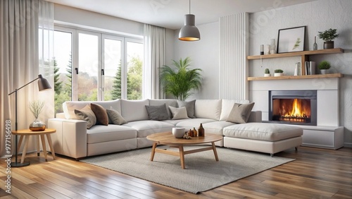 Wallpaper Mural modern living room with fireplace, modern living room, living room interior, Simple living room in a modern farmhouse with little decoration Brown leather sofa and armchairs with a gas fireplace with  Torontodigital.ca