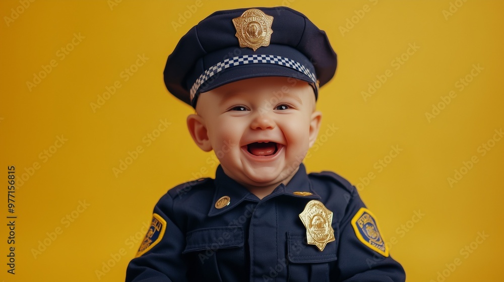 Baby in police uniform, wearing police cap. Child policeman. Baby laughing and happy. Baby in police uniform, wearing police cap. Child policeman. Baby laughing and happy.