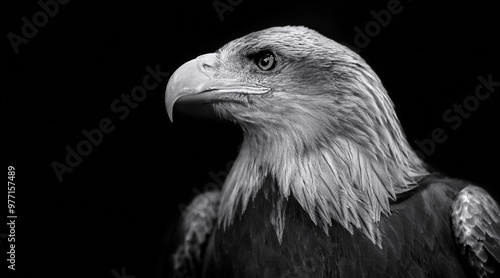 An elegant black and white shot of a majestic eagle in a dark setting 