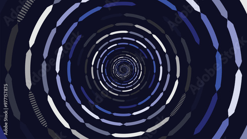 Abstract round spinning vortex style deep data cycle simple smooth line background in dark blue. 