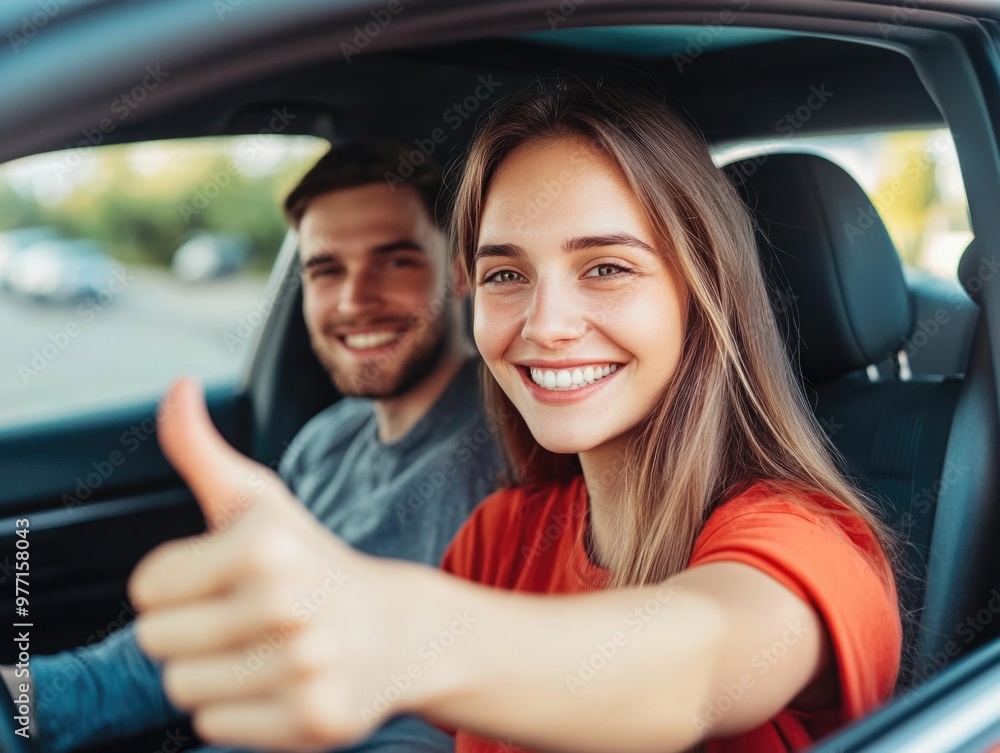 Couple Giving Thumbs-Up in Car Couple Giving Thumbs-Up in Car