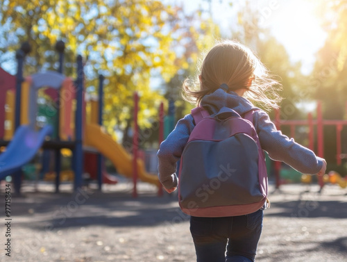 A Back View of an Elementary School Student Playing in the Schoolyard, Wearing a School Bag and Running Energetically in the Bright Sunlight 