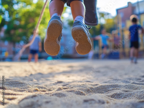 A Dynamic Shot of an Elementary School Student Jumping Rope on the Playground, Capturing the Moment Their Feet Touch the Ground