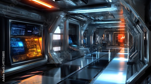 Fototapeta Naklejka Na Ścianę i Meble -  A sci-fi inspired space station interior with sleek, advanced technology integrated into the walls and floors. Energy beams of various colors illuminate the corridors, creating a futuristic 