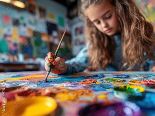 A Close-Up of an Elementary School Student Painting in an Art Room, with Colorful Paints and a Palette Spread Out on the Desk 