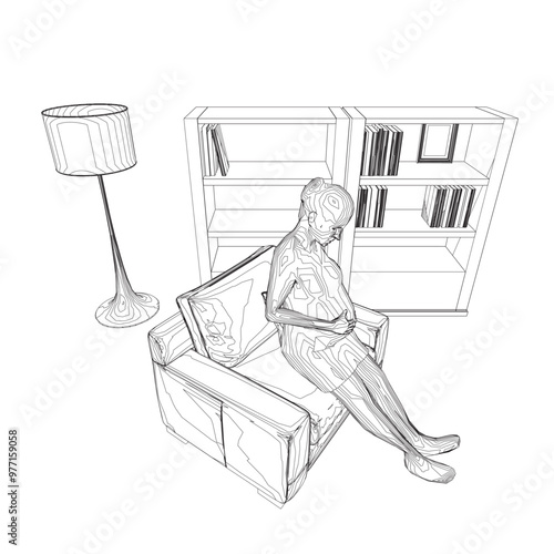 Pregnant woman outline sitting on chair made of black lines isolated on white background. Room with bookcase and chair with pregnant girl. Vector illustration.