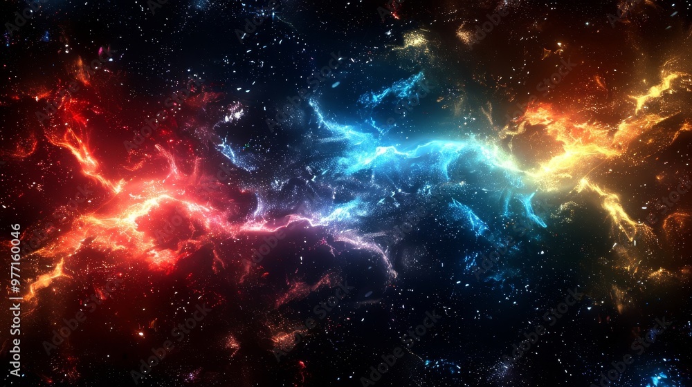 Naklejka premium Cosmic Clash Vibrant Red and Blue Nebula Clouds Collide in Stellar Explosion, Galaxy Background