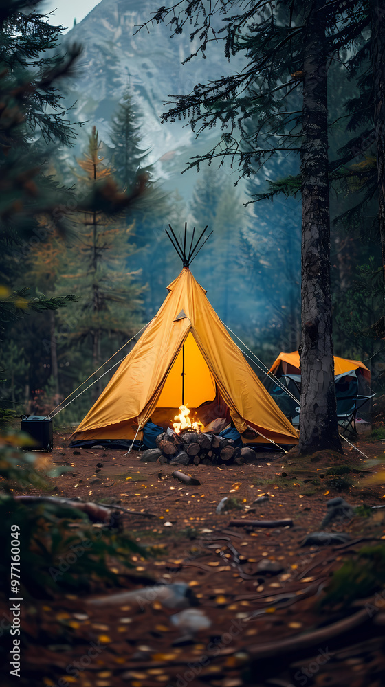 camping tent in the forest.Summer camp with bonfire, tent, backpack . landscape with mountain, forest and campsite. camping tent in the forest.Summer camp with bonfire, tent, backpack . landscape with mountain, forest and campsite.